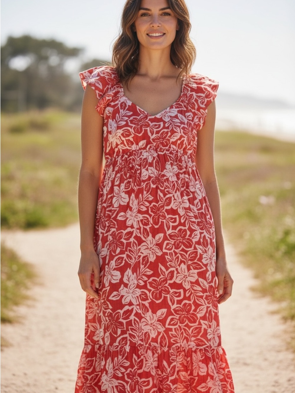 Floral Midi Dress with V-Neck and Flutter Sleeves in Coral